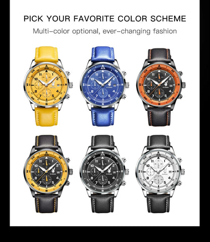 PLAYBOY Luxury Quartz Men's Watches Fashion Casual Leather Strap Sports Chronograph Wristwatch Original Waterproof Watches 3303