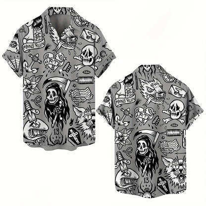 Skull 3D Printed Men's Hawaiian Shirt Street Gothic Style Trendy Vintage Lapel Tops Summer Y2K Casual Short Sleeve Beach Shirt