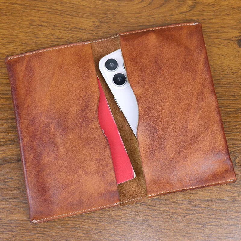 Large Capacity Men Wallet Vintage Genuine Cow Leather Handbag Card Holder Phone Pocket High Quality Handmade Male Money Clips