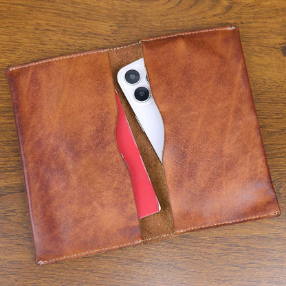 Large Capacity Men Wallet Vintage Genuine Cow Leather Handbag Card Holder Phone Pocket High Quality Handmade Male Money Clips