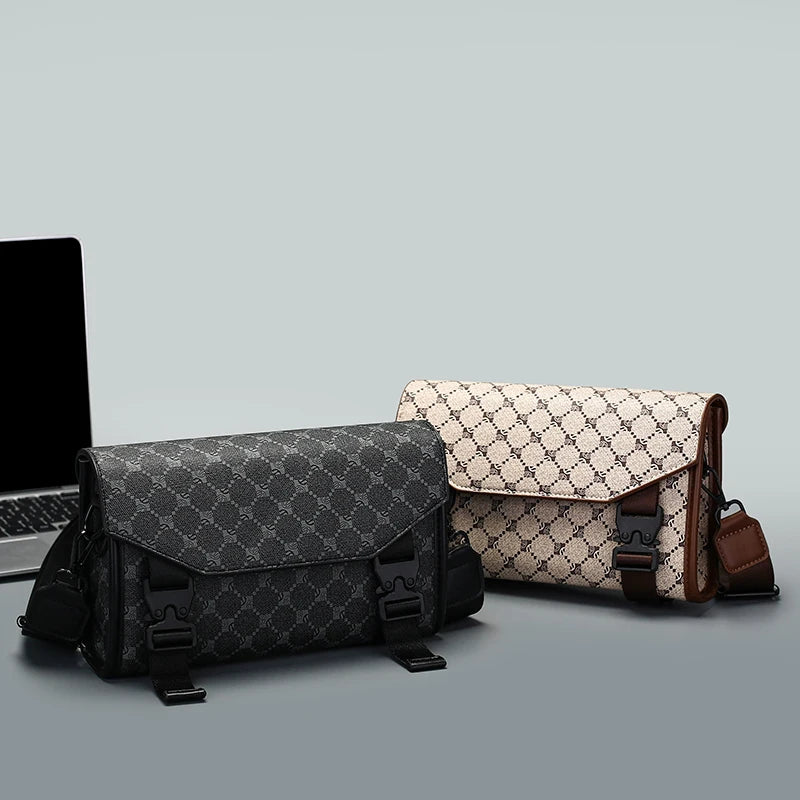 Men's Classic Printed Crossbody Bag – Gray Geometric Pattern Sling Bag with Buckle Closure Ideal for Daily Commute & Casual Wear