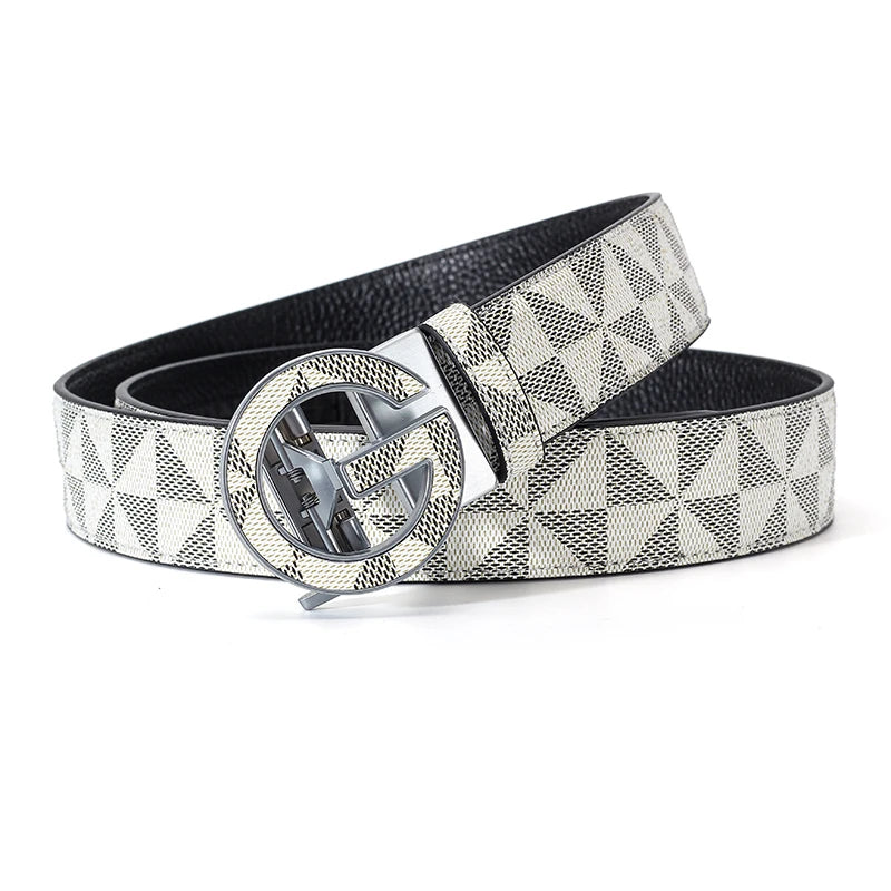 Men's Luxury Automatic Buckle Belt Classic Triangle Pattern PU Leather Business Casual Waistband for Jeans