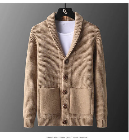 Men's Casual Knitted Open Cardigan Pockets Sweater Loose Korean Style V-Neck Autumn Fashion Light Maturity Spring Fall Outerwear