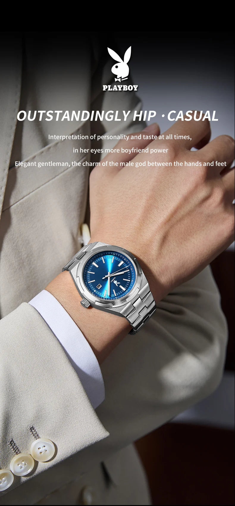 PLAYBOY 3112 Brand original authentic stainless steel strap luminous function calendar display men's quartz watch