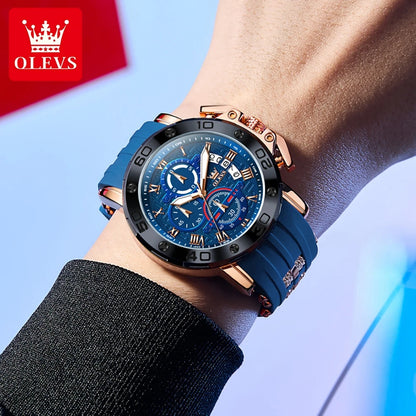 OLEVS 51mm Large Dial Quartz Watch for Men Silicone Strap Waterproof Luminous Auto Date Chrono Roman Numeral Scale Men's Watches