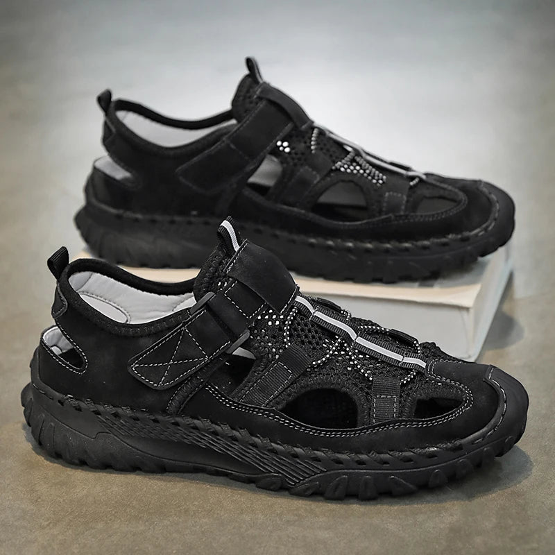 Men Outdoor Protective Toe Sandals Hollow Breathable Mesh Upper Quick Dry Lining Non Slip Walking Camping Driving Casual Shoes