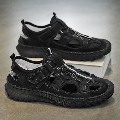 Men Outdoor Protective Toe Sandals Hollow Breathable Mesh Upper Quick Dry Lining Non Slip Walking Camping Driving Casual Shoes