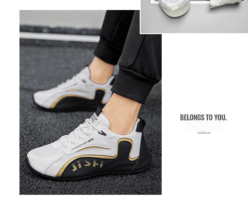 Trendy Black and Gold Color-Blocking Mesh Casual Shoes, Men's Breathable Shock-Absorbing Thick-Soled Sneakers, Versatile Soft-Soled Non-Slip Men's Shoes for Daily Commuting