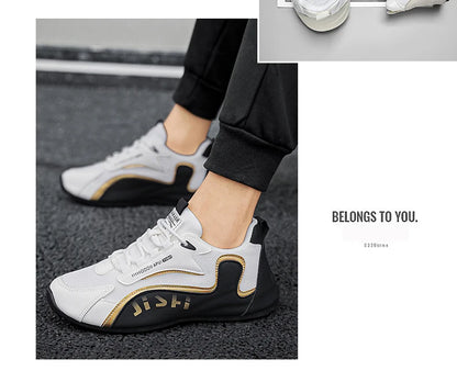 Trendy Black and Gold Color-Blocking Mesh Casual Shoes, Men's Breathable Shock-Absorbing Thick-Soled Sneakers, Versatile Soft-Soled Non-Slip Men's Shoes for Daily Commuting