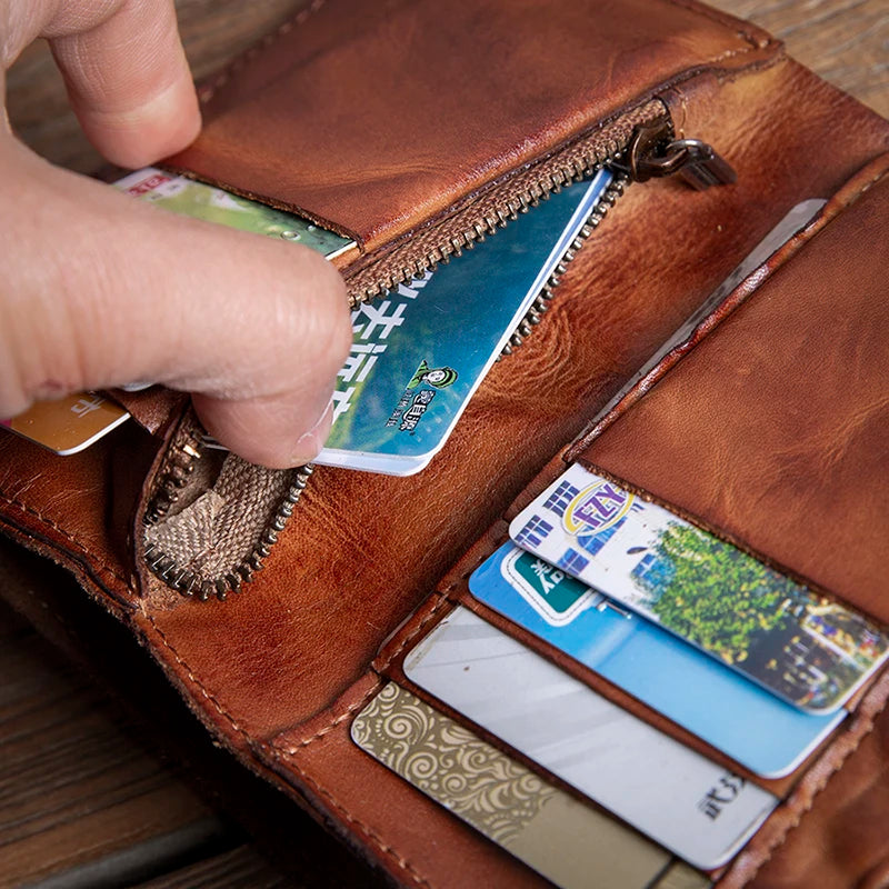 GURO High Quality Men Genuine Leather Wallet Vintage Bifold Money Clip Credit Card Holder Luxury Design with Zipper Coin Pocket