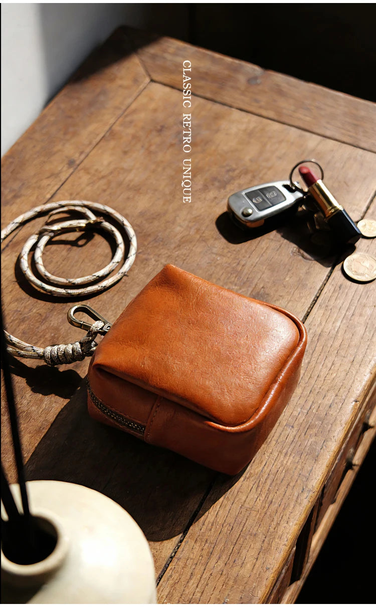 Men's Coin Purse, Genuine Leather Mini Coin Wallet Zipper Pocket with Back Belt Loop Lanyard, Lightweight Keychain Pouch for Men