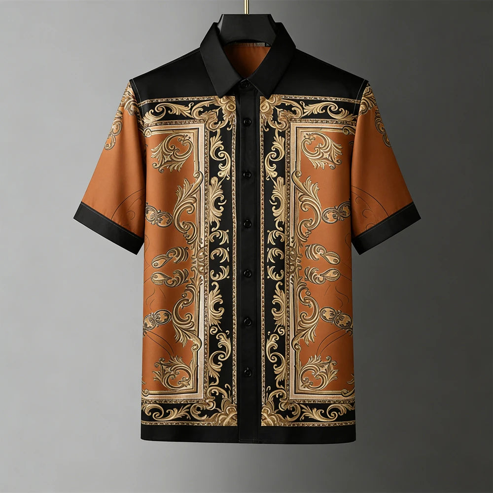 Men's Fashion Retro Breathable Soft Short Sleeve Shirt Gold Pattern Natural 3D Printed Shirt Men's Wedding Casual Party Tops Men