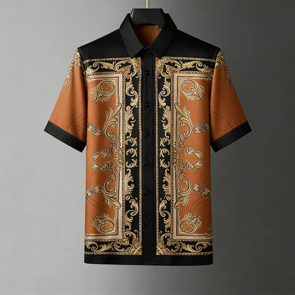 Men's Fashion Retro Breathable Soft Short Sleeve Shirt Gold Pattern Natural 3D Printed Shirt Men's Wedding Casual Party Tops Men