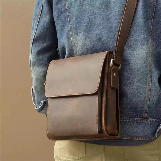NASVA Men's Genuine Leather Shoulder Bag Vintage Small Crossbody Bag Casual Messenger Bag Outdoor Sports Sling Bag