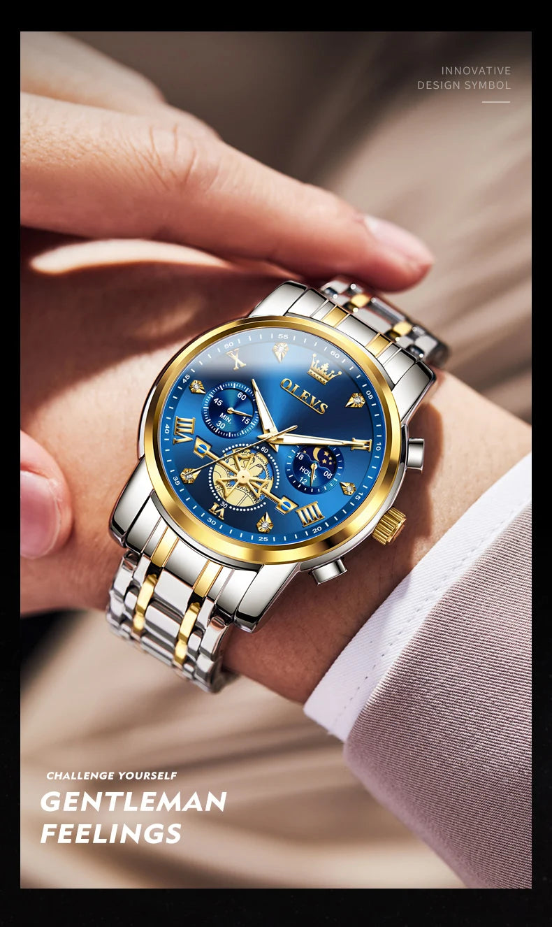 OLEVS Men's Watches Classic Multifunctional Flywheel Chronograph Original Quartz Wristwatch Moon Phase 24 Hour Waterproof Reloj