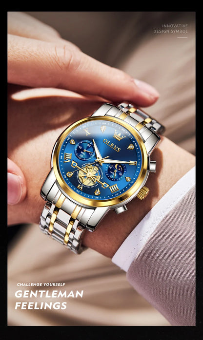 OLEVS Men's Watches Classic Multifunctional Flywheel Chronograph Original Quartz Wristwatch Moon Phase 24 Hour Waterproof Reloj