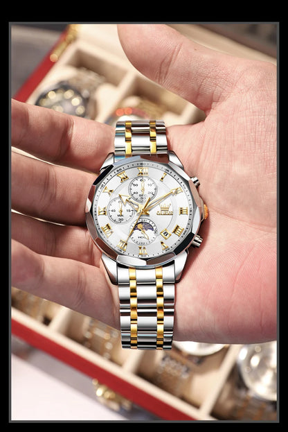 OLEVS 3675 Luxury Calendar Stainless Steel Quartz Mens Wristwatches Chronograph Waterproof Watch for Men Luminous Reloj Hombre