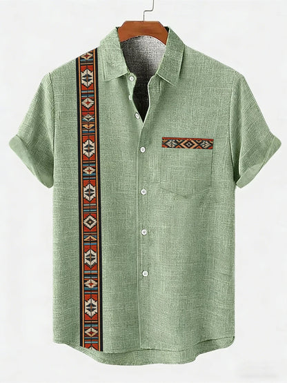 2026 Daily Men's Casual Short Sleeved Shirt with Natural Ethnic Pattern Printed Shirt Hawaii Beach Vacation Clothing