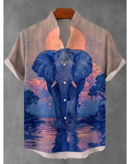 New Retro Men's Ethnic Elephant Pattern Print Lapel Shirt, Fashion Casual Short Sleeve Linen Neuheiten in Oberteile Und T-shirts