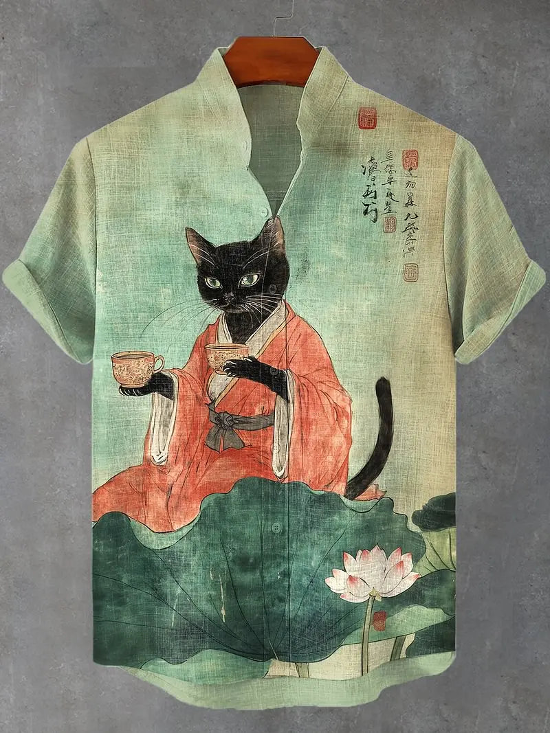 Men's Edo Cat Samurai Warrior Japanese Art Anime Shirts 3D Print Casual Hawaiian Shirts Summer Men Women Short Sleeve Blouse Top
