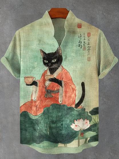 Men's Edo Cat Samurai Warrior Japanese Art Anime Shirts 3D Print Casual Hawaiian Shirts Summer Men Women Short Sleeve Blouse Top