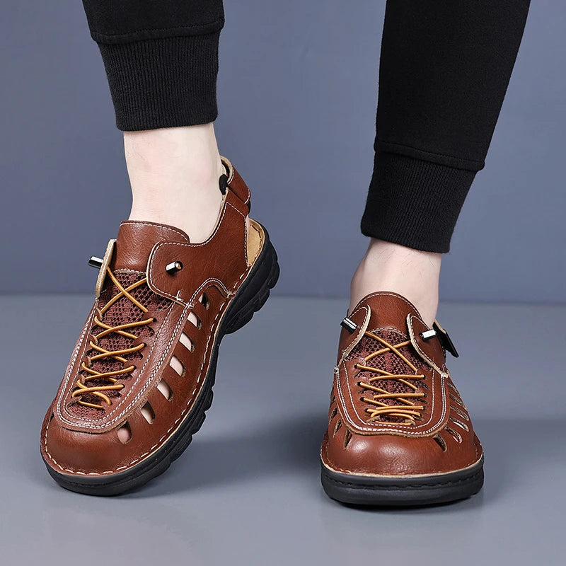 New Summer Men's Leather Sandals Casual Outdoor Beach Shoes Comfortable Male Hollow Out Footwear Leisure Walk Sandaly Sandalias