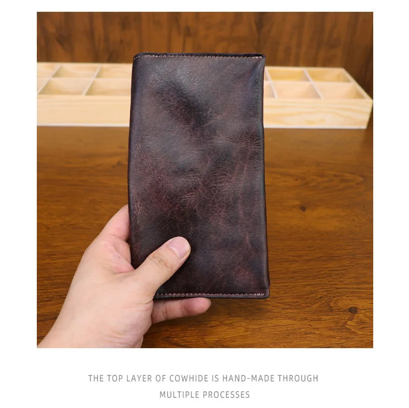 Large Capacity Men Wallet Vintage Genuine Cow Leather Handbag Card Holder Phone Pocket High Quality Handmade Male Money Clips