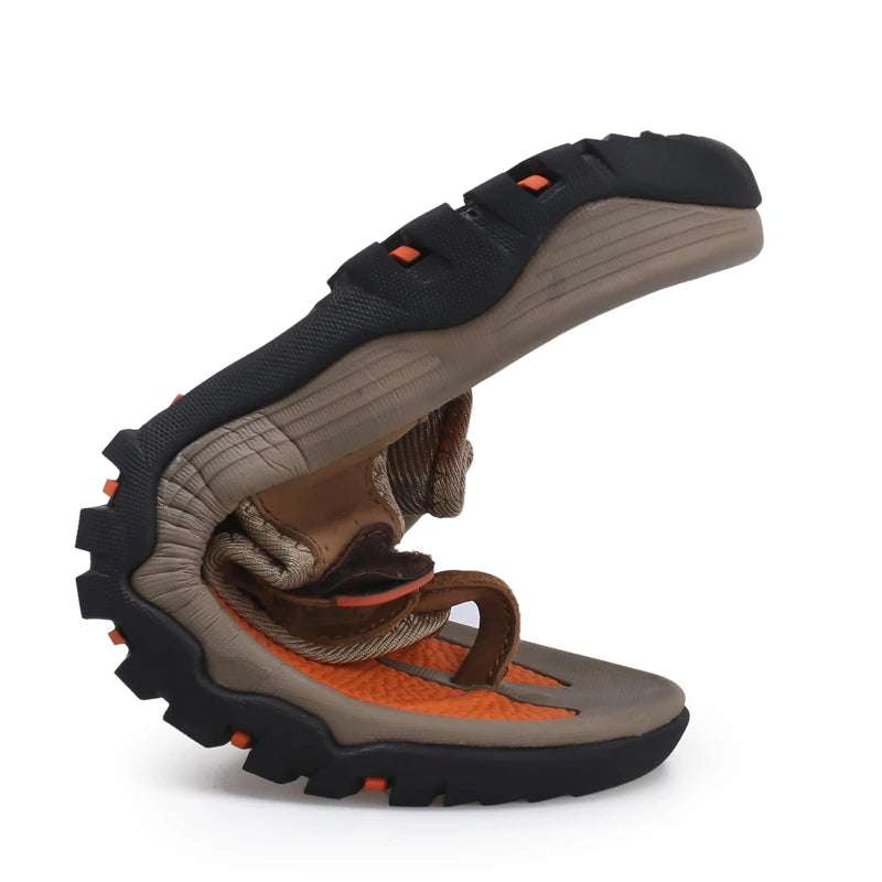 Men Sport Thong Slippers Genuine Leather Upper Adjustable Hook Loop Shock Absorb Anti Slip MD Sole Daily Beach Casual Flip Flops