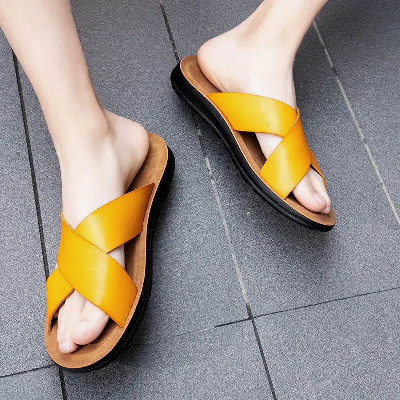 New Arrivals Italian Leather Slippers for Men Summer Hotel Beach High Quality Slip on Light Flats Male Flip Flops Big Size 38-47