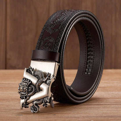 3.5cm Fashion Embossing Retro Male Belts for Men Business Split Leather Belt Dragon Pattern Automatic Buckle Strap