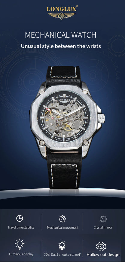 LONGLUX Automatic Watch Sport Style Wholesale Mechanical Wristwatches Fashion Hollow Leather Mens Watch Men Gift