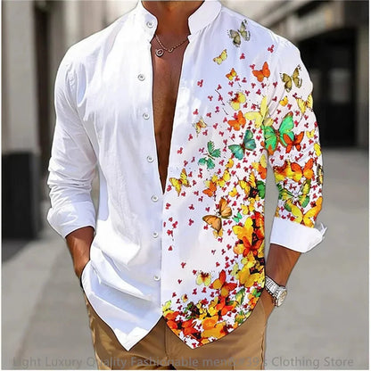 New men's shirt long-sleeved shirt 3D printing flower pattern long-sleeved standing clothing fashion casual XS-6XL soft fabric