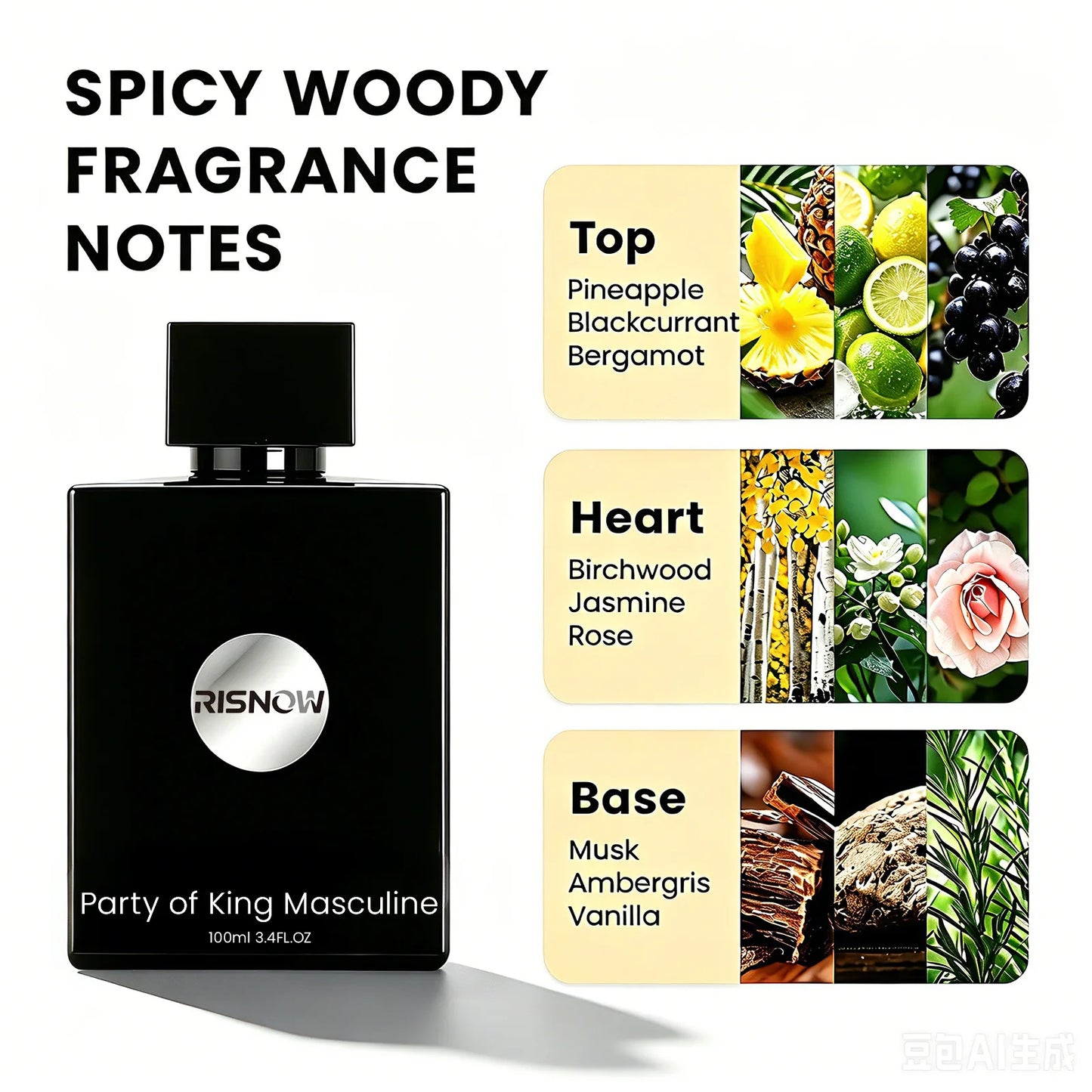 RISNOW Spicy Woody Fragrance 3.4 oz 100ml for Men - Party of King Masculine with Bergamot Pineapple Birch Patchouli Long-Lasting Luxury Arabian Men's Perfume