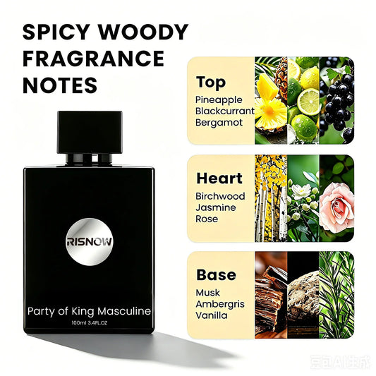 RISNOW Spicy Woody Fragrance 3.4 oz 100ml for Men - Party of King Masculine with Bergamot Pineapple Birch Patchouli Long-Lasting Luxury Arabian Men's Perfume