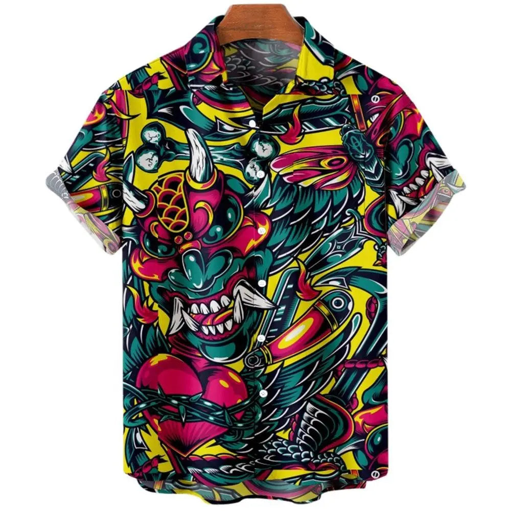 Summer New Retro Men's Shirt Devil Horror Skull Short Sleeve Shirt Collar 3D Printing