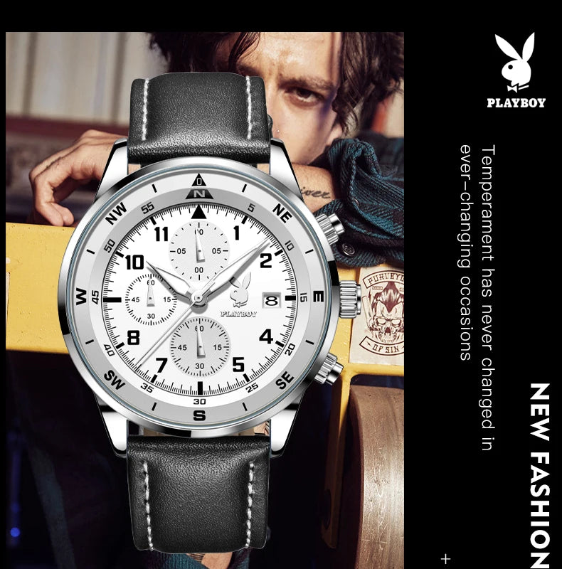 PLAYBOY Luxury Quartz Men's Watches Fashion Casual Leather Strap Sports Chronograph Wristwatch Original Waterproof Watches 3303