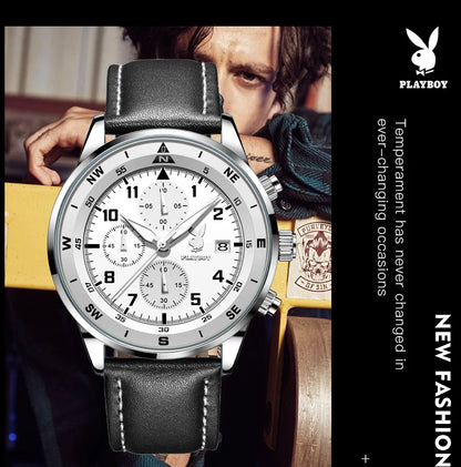 PLAYBOY Luxury Quartz Men's Watches Fashion Casual Leather Strap Sports Chronograph Wristwatch Original Waterproof Watches 3303