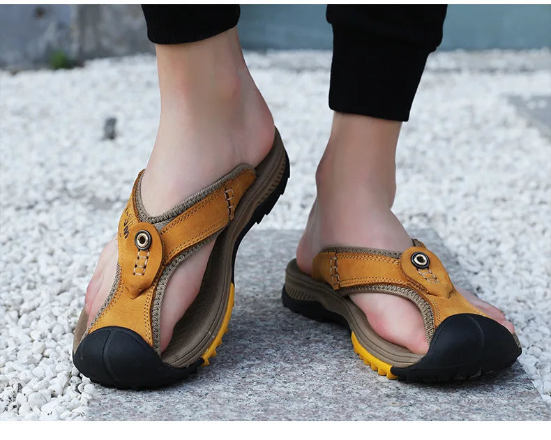 Genuine Cow Leather Shoes Men Sandals Flip Flops Men's Casual Shoes Classic Massage Men Beach Slippers Anti-slip Summer 2025 New