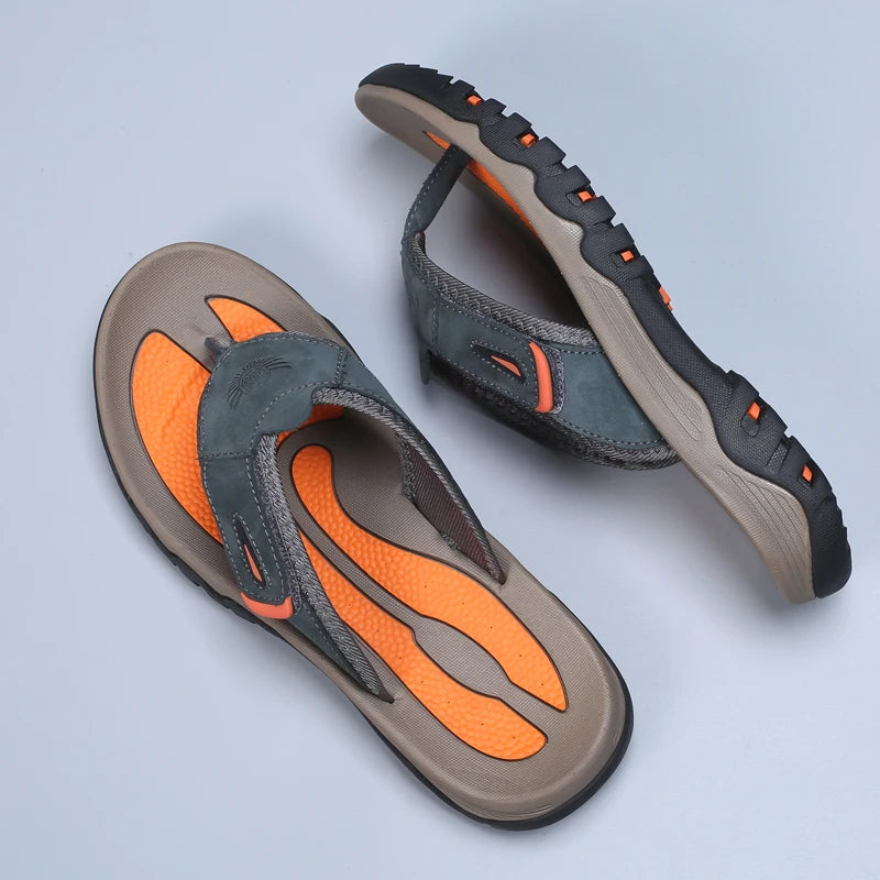 Men Sport Thong Slippers Genuine Leather Upper Adjustable Hook Loop Shock Absorb Anti Slip MD Sole Daily Beach Casual Flip Flops