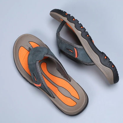Men Sport Thong Slippers Genuine Leather Upper Adjustable Hook Loop Shock Absorb Anti Slip MD Sole Daily Beach Casual Flip Flops