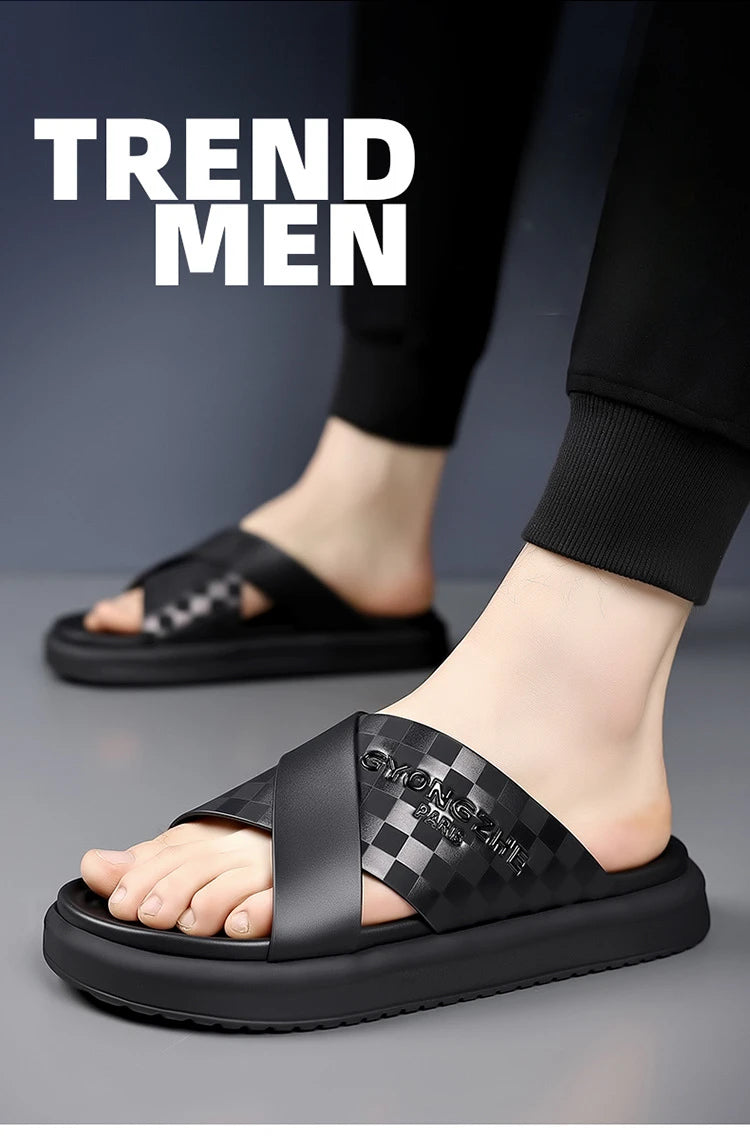 Summer New Fashion Outside Wear Slippers for Men Business Casual Black Leisure Genuine Leather Beach Shoes Slippers Man