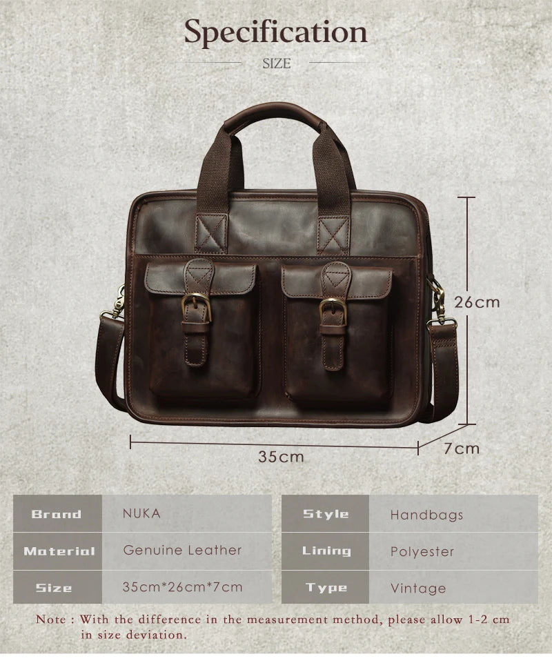 NUKA Retro Natural Cowhide Handbag Men's Real Leather Executive Briefcase Luxury Business Shoulder Bag Daily File Messenger Bags