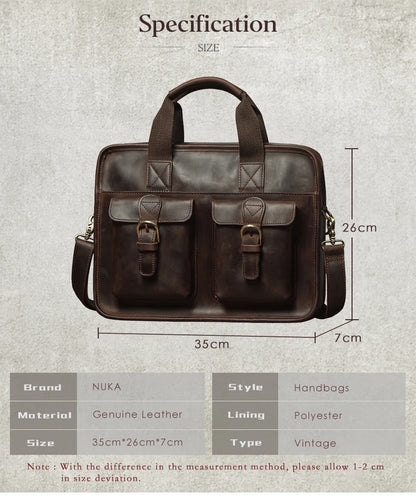 NUKA Retro Natural Cowhide Handbag Men's Real Leather Executive Briefcase Luxury Business Shoulder Bag Daily File Messenger Bags