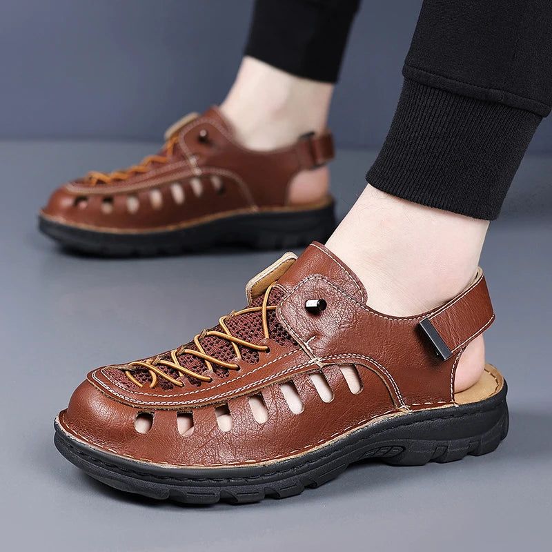 New Summer Men's Leather Sandals Casual Outdoor Beach Shoes Comfortable Male Hollow Out Footwear Leisure Walk Sandaly Sandalias
