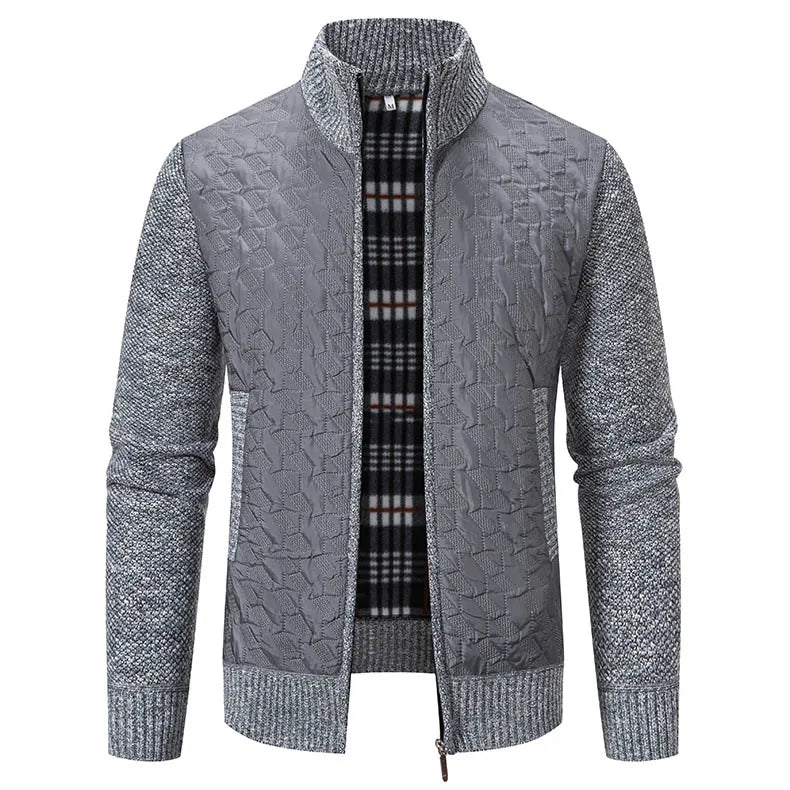 Mens Sweaters Jacket Full Zip Fleeced Sweater Cardigan Plaid Stand Collar Sweaters Coat Autumn Winter Homme Clothes