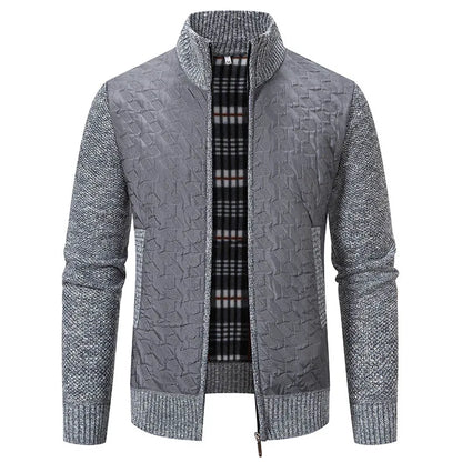 Mens Sweaters Jacket Full Zip Fleeced Sweater Cardigan Plaid Stand Collar Sweaters Coat Autumn Winter Homme Clothes