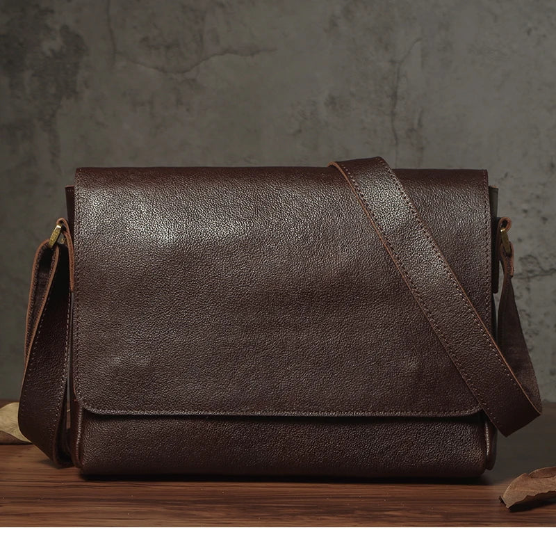 NUKA Men's Genuine Leather Shoulder Bag Retro Original Cowhide Horizontal Crossbody Deluxe Flap Messenger Bags For 11 Inch Ipad