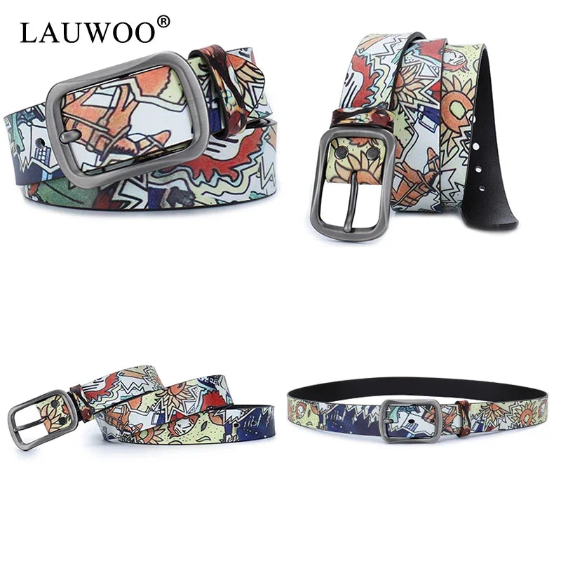 LAUWOO Women Belt Luxury Brand Genuine leather belt for men fashion printed belts  for women Retro Unisex Casual Jeans Belts