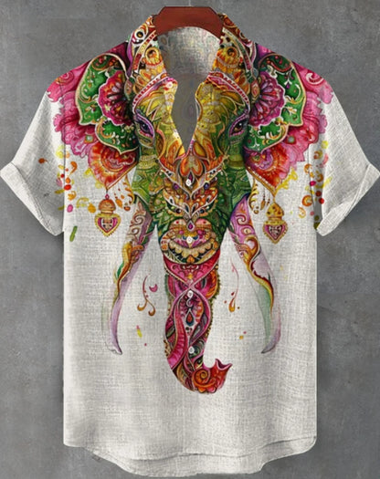 New Retro Men's Ethnic Elephant Pattern Print Lapel Shirt, Fashion Casual Short Sleeve Linen Neuheiten in Oberteile Und T-shirts
