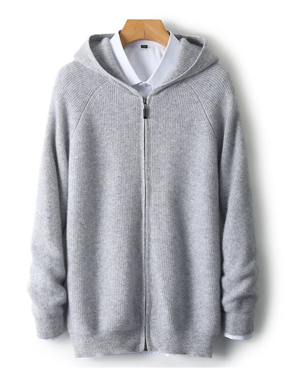 Men 100% Merino Wool Sweater Hooded Zipper Cardigan Autumn Winter Thickened Knit Large-size Jacket Long Sleeved Sportswear Coat
